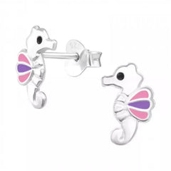 Kids 925 sterling silver seahorse stud earrings with light pink and purple epoxy fins, black eyes, butterfly backs and a 6 x 10 mm design in Australia.