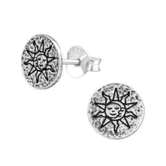Silver Sun Moon Face Stud Earrings