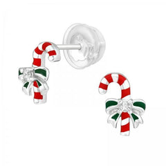 Kids sterling silver candy cane Christmas stud earrings with red and white stripes, green bows, clear cubic zirconia and a 6 x 9 mm design in Australia.