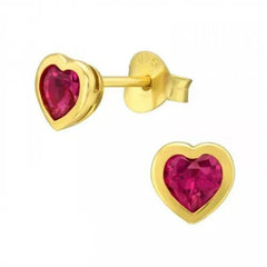 Silver Gold Heart Geniune Ruby Red Stone Stud Earrings