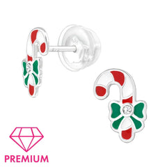 Kids Sterling Silver Candy Cane Christmas Earrings