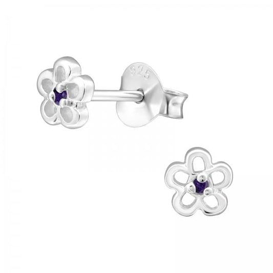 Silver Birthstone Flower Stud Earrings