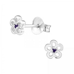 Silver Birthstone Flower Stud Earrings