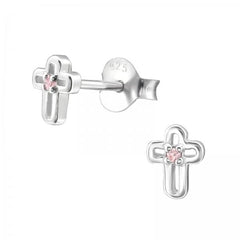 Silver Birthstone Cross Stud Earrings