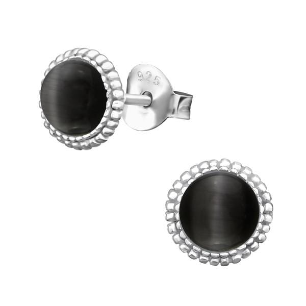 Silver Round Graphite Cat Eye Stud Earrings