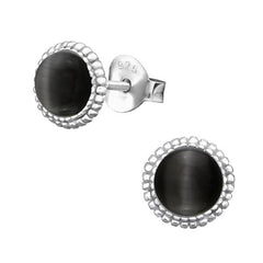 Silver Round Graphite Cat Eye Stud Earrings