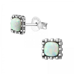 Silver Square Opal Stud Earrings