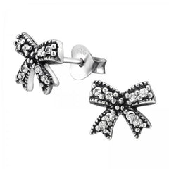 Silver CZ Crystal Bow Stud Earrings