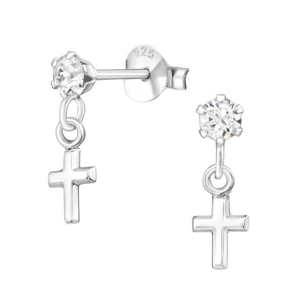 Silver Hanging Cross Stud Earrings with Swarovski Crystals