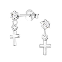 Silver Hanging Cross Stud Earrings with Swarovski Crystals