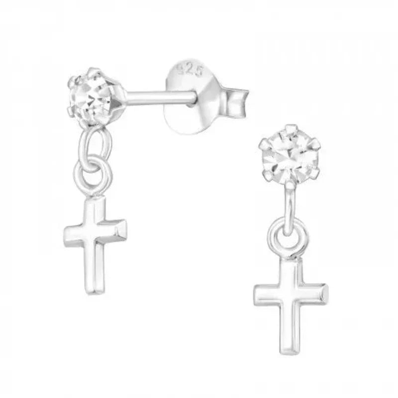 Silver Stud Hanging Cross Earrings