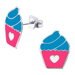 Kids Silver Cupcake Colorful Stud Earrings