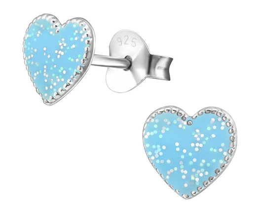Children’s 925 sterling silver light purple glitter heart stud earrings with butterfly backs, a 7 mm design and gift-box presentation in Australia.