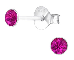 Sterling Silver Round 3mm Fuchsia Crystal Ear Studs