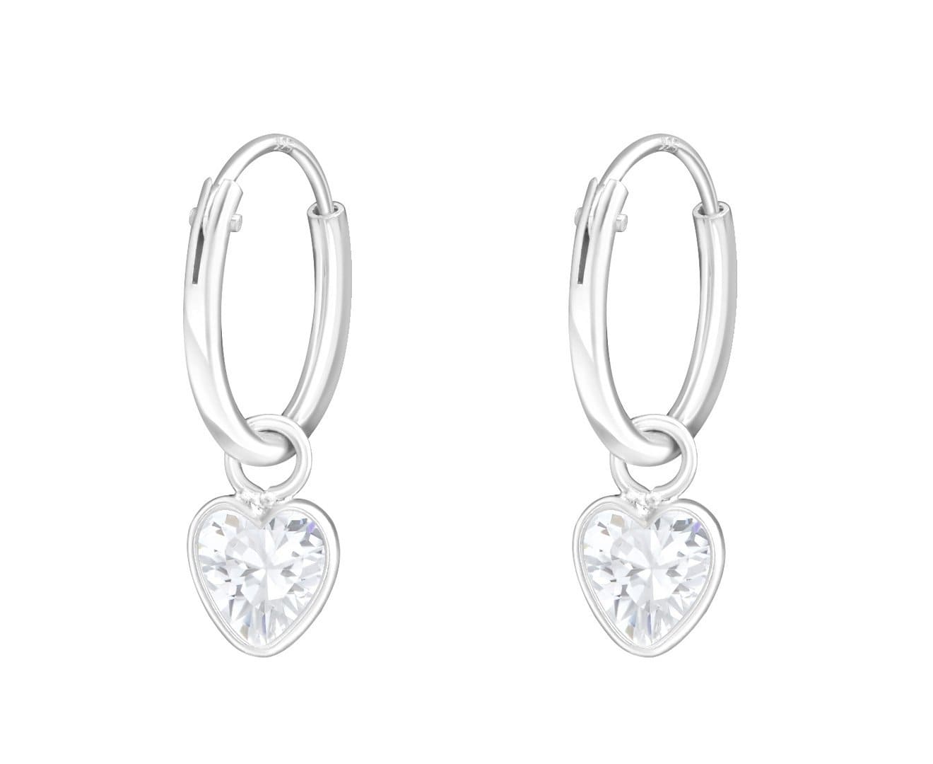 Silver Hanging Heart CZ Crystal Ear Hoops