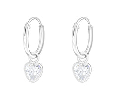 Silver Hanging Heart CZ Crystal Ear Hoops