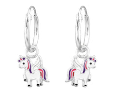Kids sterling silver winged unicorn hoop earrings with pink and purple details, 7 x 9 mm charms and polished 12 mm hoops, available in Australia.