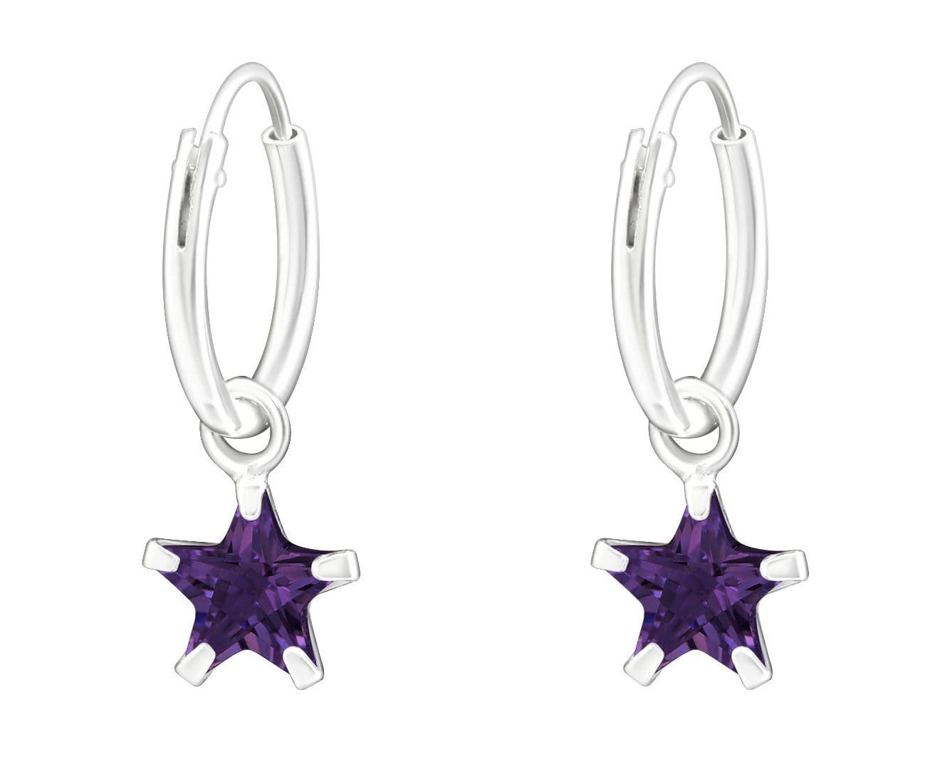 Sterling Silver Hanging Star CZ Amethyst Ear Hoops