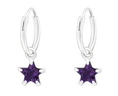 Sterling Silver Hanging Star CZ Amethyst Ear Hoops