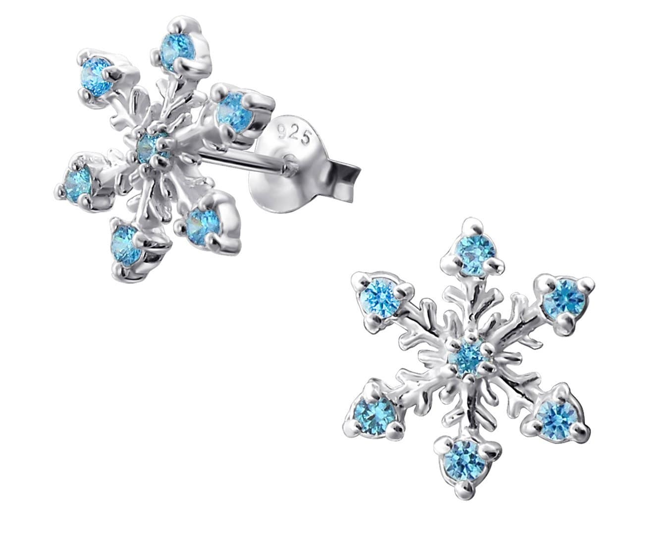 Sterling Silver Snowflake CZ Aqua Ear Studs
