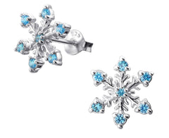 Sterling Silver Snowflake CZ Aqua Ear Studs