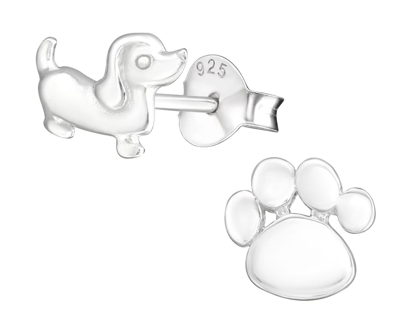 Sterling Silver Dog and Paw Print Ear Studs