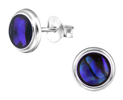 Sterling silver round stud earrings with dark blue abalone shell inlays, polished 8 mm settings and butterfly backs, gift boxed in Australia.