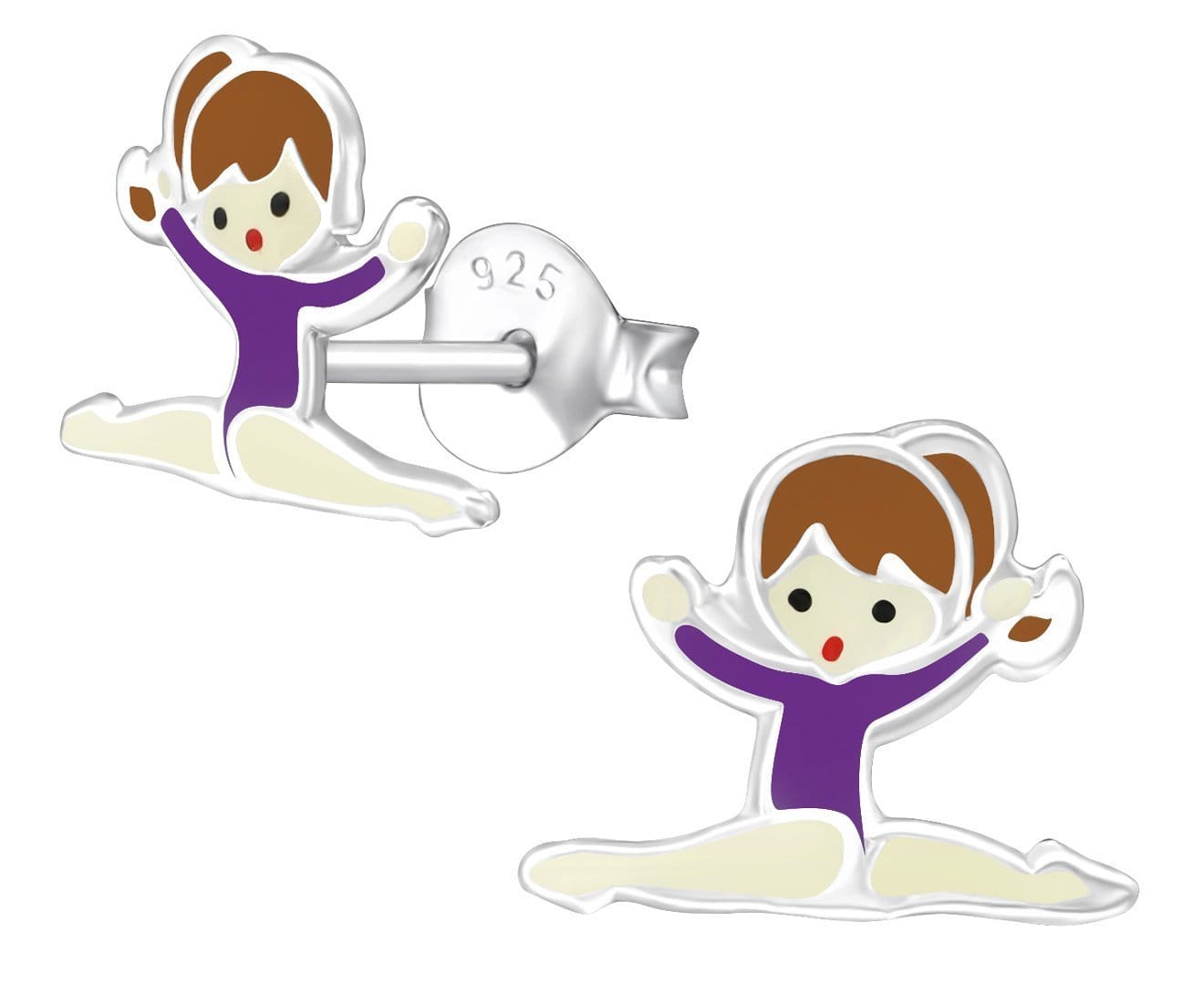 Kids 925 sterling silver gymnastics stud earrings with a colourful gymnast in a split pose, butterfly backs and an 8 x 10 mm design in Australia.