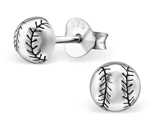 Polished 925 sterling silver baseball stud earrings with engraved stitching, butterfly backs and compact 5 mm sports design, available in Australia.
