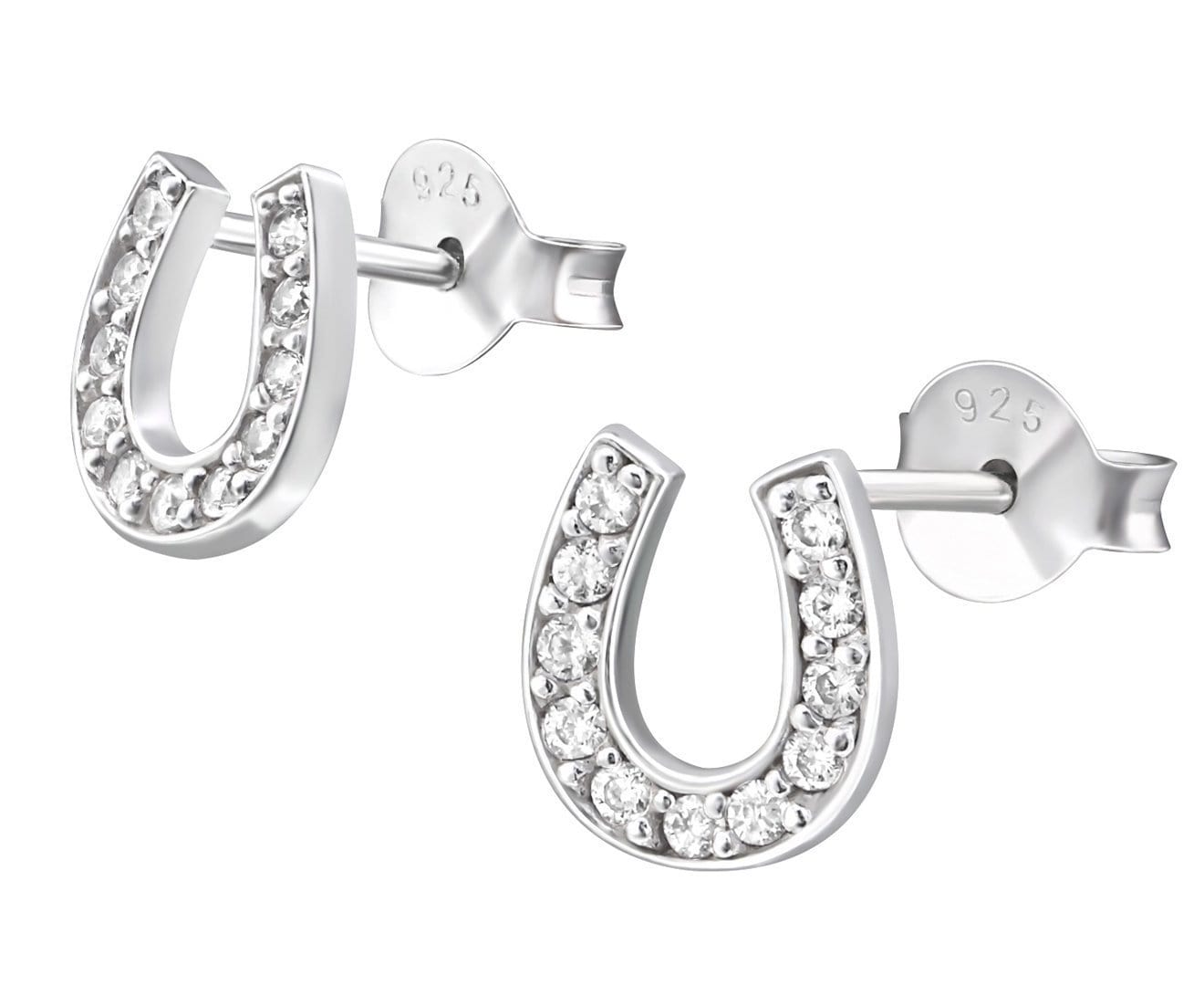 Sterling silver horseshoe stud earrings with clear crystal accents, polished 7 x 8 mm designs and butterfly backs, gift boxed in Australia.