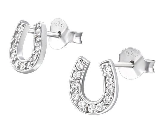Sterling silver horseshoe stud earrings with clear crystal accents, polished 7 x 8 mm designs and butterfly backs, gift boxed in Australia.