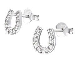 Sterling silver horseshoe stud earrings with clear crystal accents, polished 7 x 8 mm designs and butterfly backs, gift boxed in Australia.