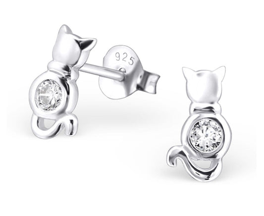 Sterling silver cat stud earrings with clear round crystal centres, polished 5 x 9 mm designs and butterfly backs, gift boxed in Australia.