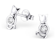 Sterling silver cat stud earrings with clear round crystal centres, polished 5 x 9 mm designs and butterfly backs, gift boxed in Australia.