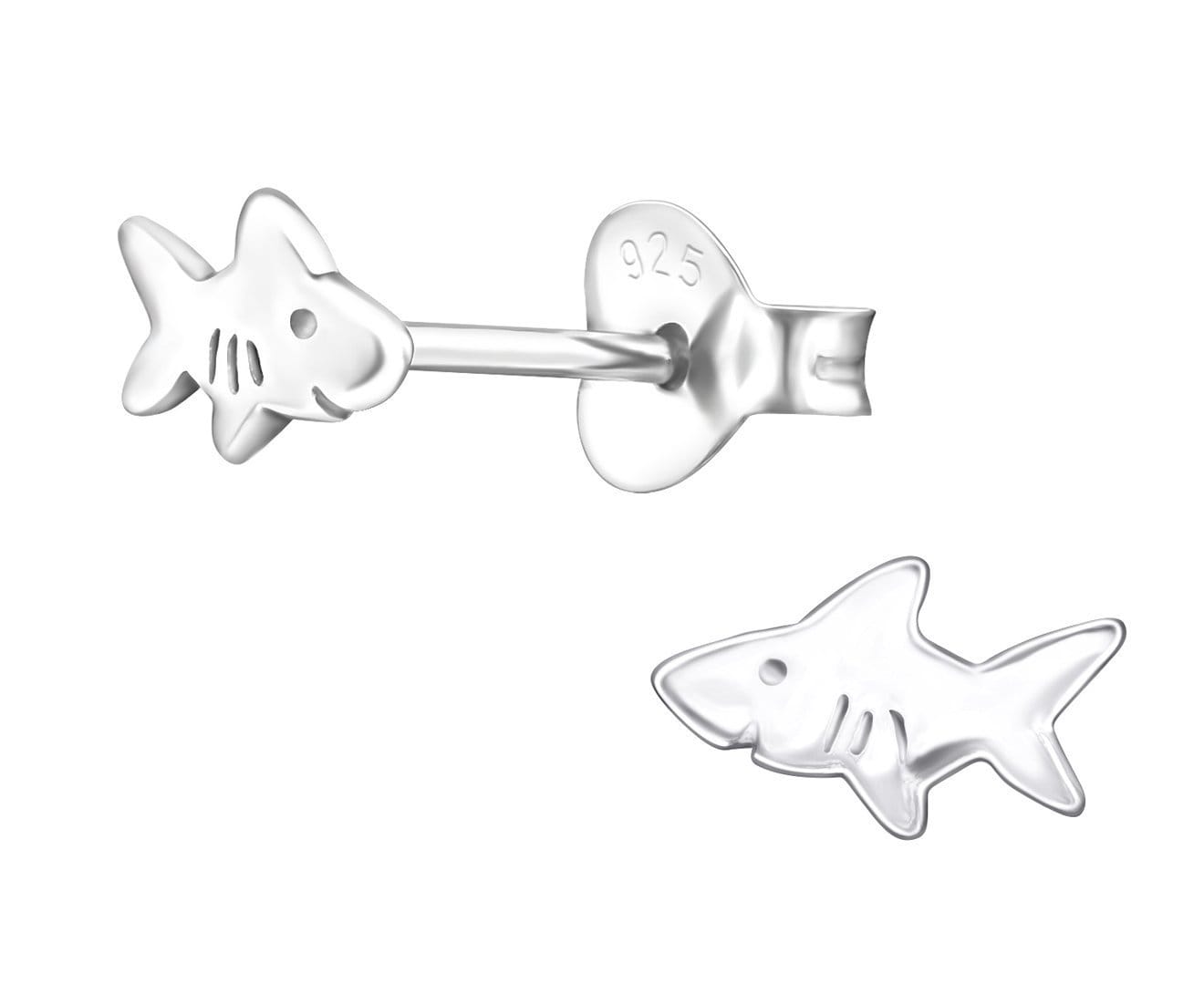 Kids 925 sterling silver shark stud earrings with polished ocean-animal detailing, butterfly backs and a compact 7 x 4 mm design in Australia.