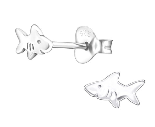 Kids 925 sterling silver shark stud earrings with polished ocean-animal detailing, butterfly backs and a compact 7 x 4 mm design in Australia.