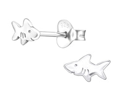Kids 925 sterling silver shark stud earrings with polished ocean-animal detailing, butterfly backs and a compact 7 x 4 mm design in Australia.