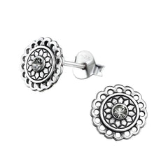 Sterling Silver Bali Round Crystal Stud Earrings