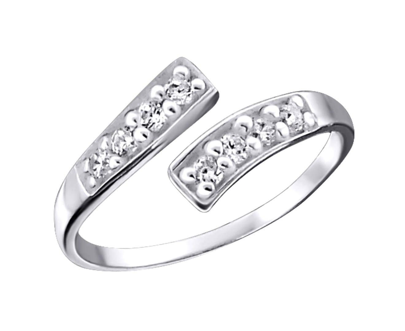 Adjustable 925 sterling silver toe ring with clear crystal-set rectangular ends, a polished open band and 12 x 7 mm design, available in Australia.