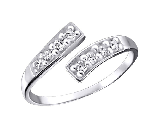 Adjustable 925 sterling silver toe ring with clear crystal-set rectangular ends, a polished open band and 12 x 7 mm design, available in Australia.
