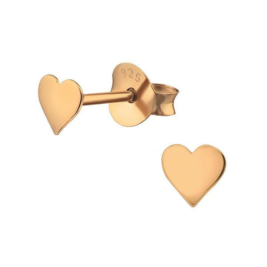 Rose gold-plated 925 sterling silver heart stud earrings with polished 4 mm fronts and butterfly backs, gift boxed in Australia.