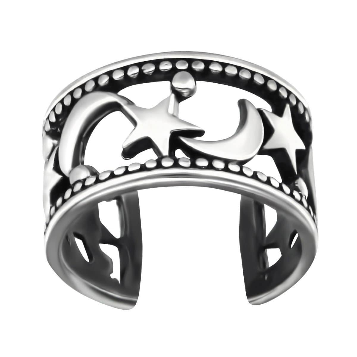 Oxidised sterling silver moon and star ear cuff with openwork celestial details, darkened accents and a compact 6 x 12 mm design, available in Australia.