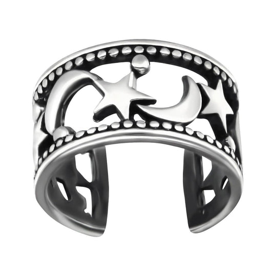 Oxidised sterling silver moon and star ear cuff with openwork celestial details, darkened accents and a compact 6 x 12 mm design, available in Australia.