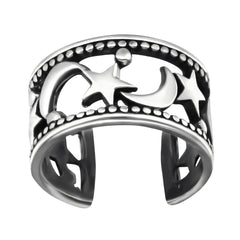 Oxidised sterling silver moon and star ear cuff with openwork celestial details, darkened accents and a compact 6 x 12 mm design, available in Australia.