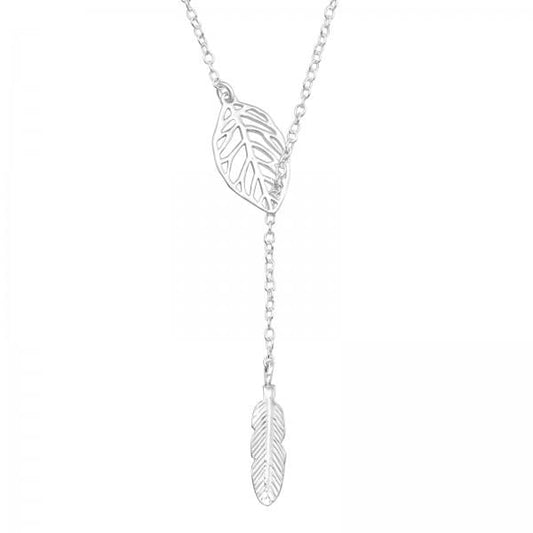 Silver Leaf Feather Y Necklace