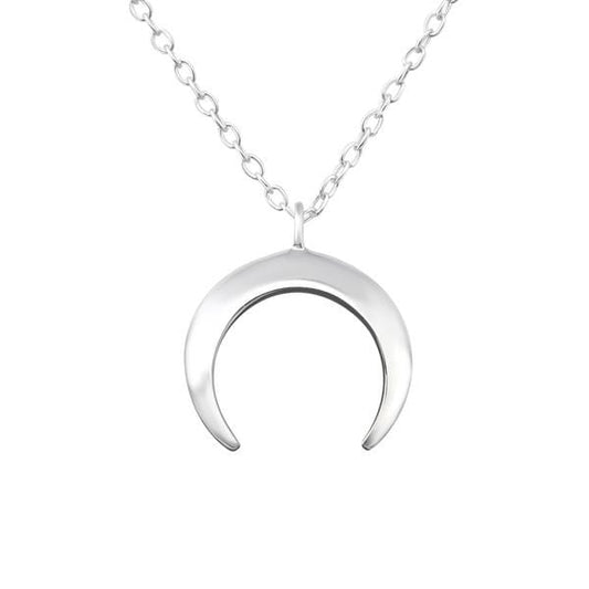 Polished sterling silver crescent moon pendant necklace with a 14 x 12 mm charm, fine 45 cm chain and gift-box presentation in Australia.