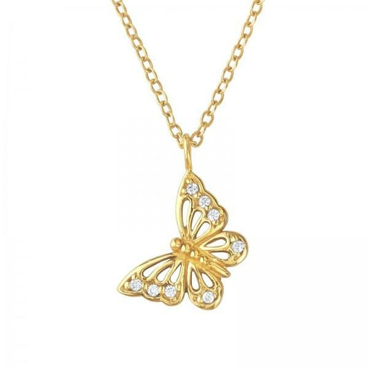 14K gold-plated sterling silver butterfly necklace with eight clear cubic zirconia stones, an 8 x 13 mm pendant and 45 cm chain in Australia.