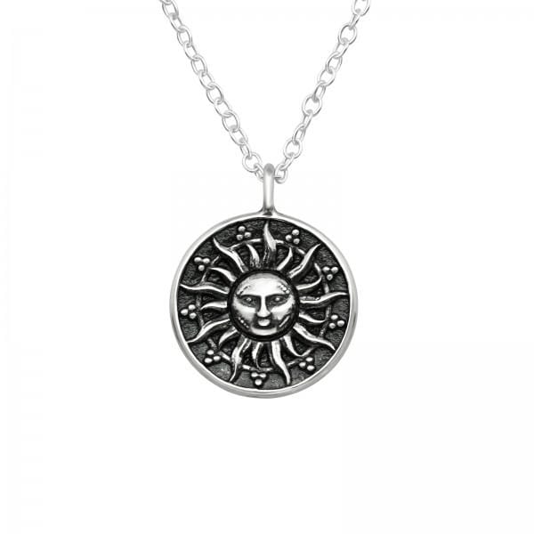 Oxidised 925 sterling silver sun face pendant necklace with detailed celestial rays, a 12 mm round charm and 45 cm chain, available in Australia.