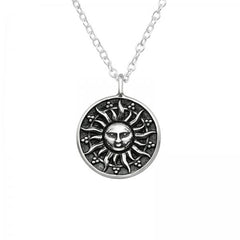 Oxidised 925 sterling silver sun face pendant necklace with detailed celestial rays, a 12 mm round charm and 45 cm chain, available in Australia.
