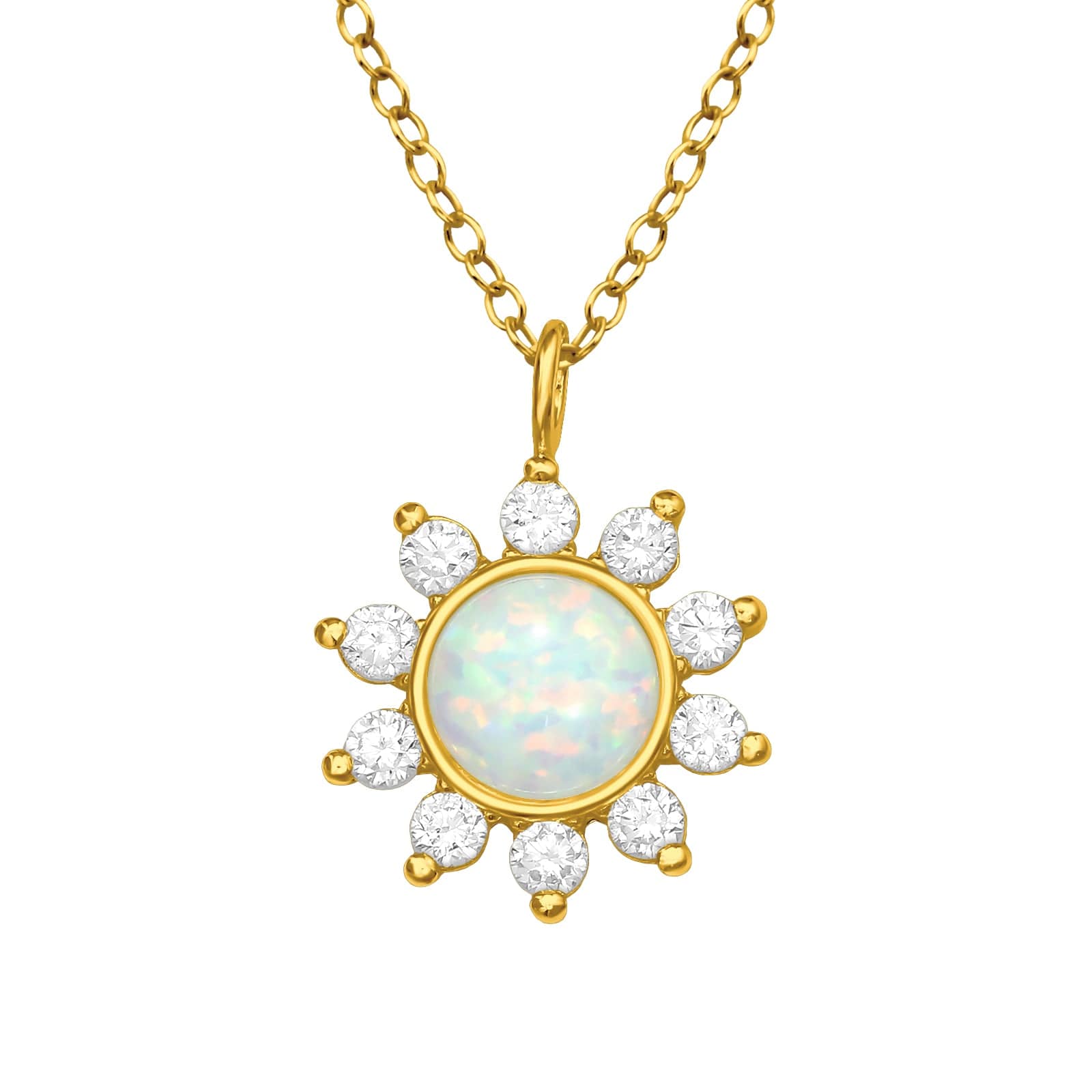 Gold-plated sterling silver flower necklace with a 6 mm round opal centre, ten clear cubic zirconia stones and a 45 cm chain in Australia.